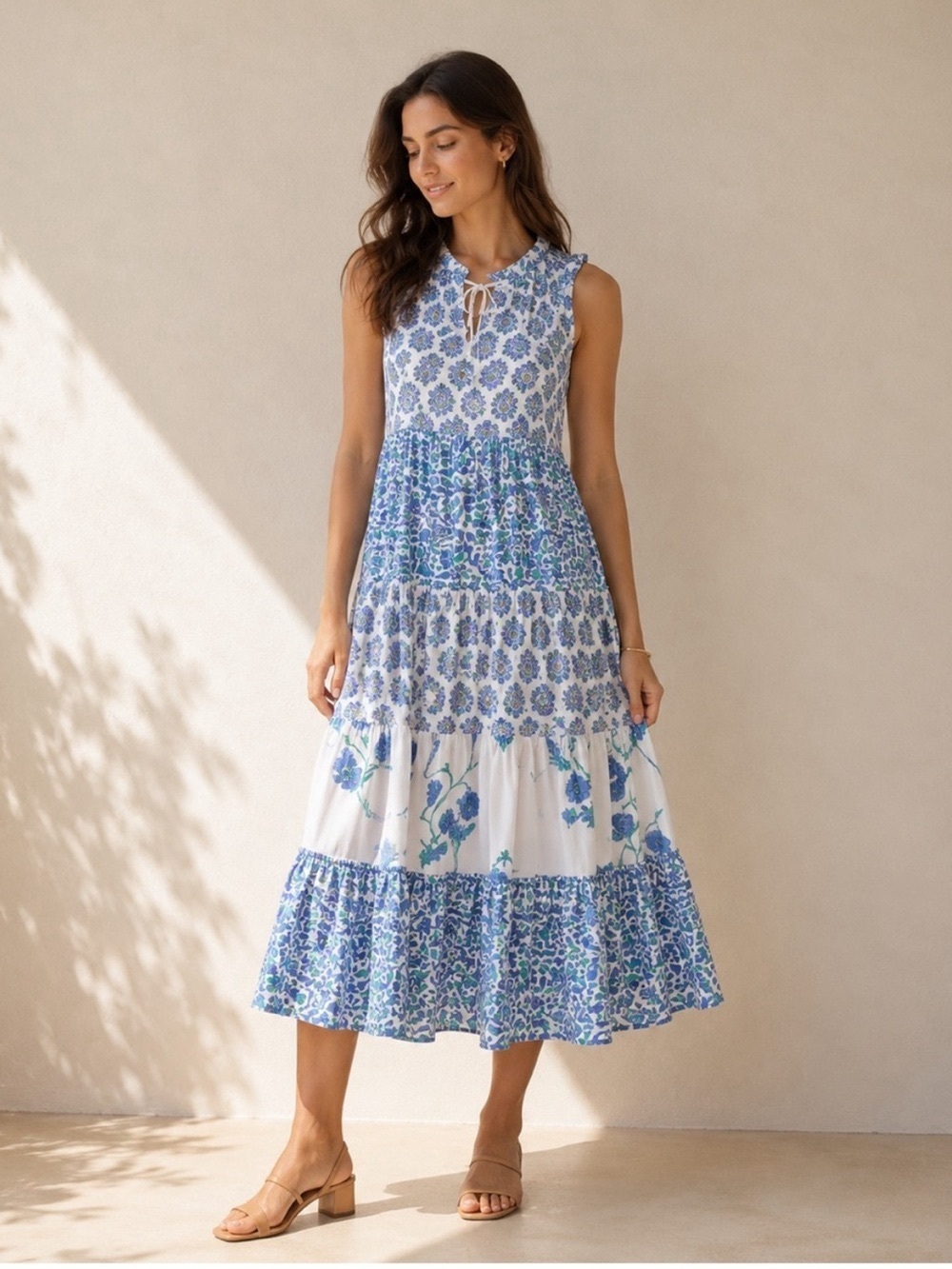 Chelsea & Theodore block print midi dress Split Neck Maxi Boho plus sleeveless